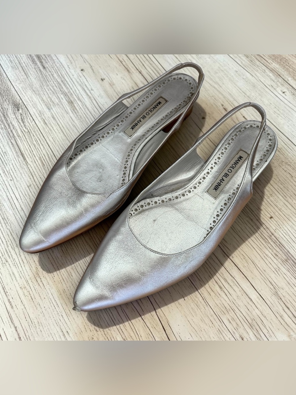 Manolo Blahnik Silver Pointed Slingback Flats size 8.5